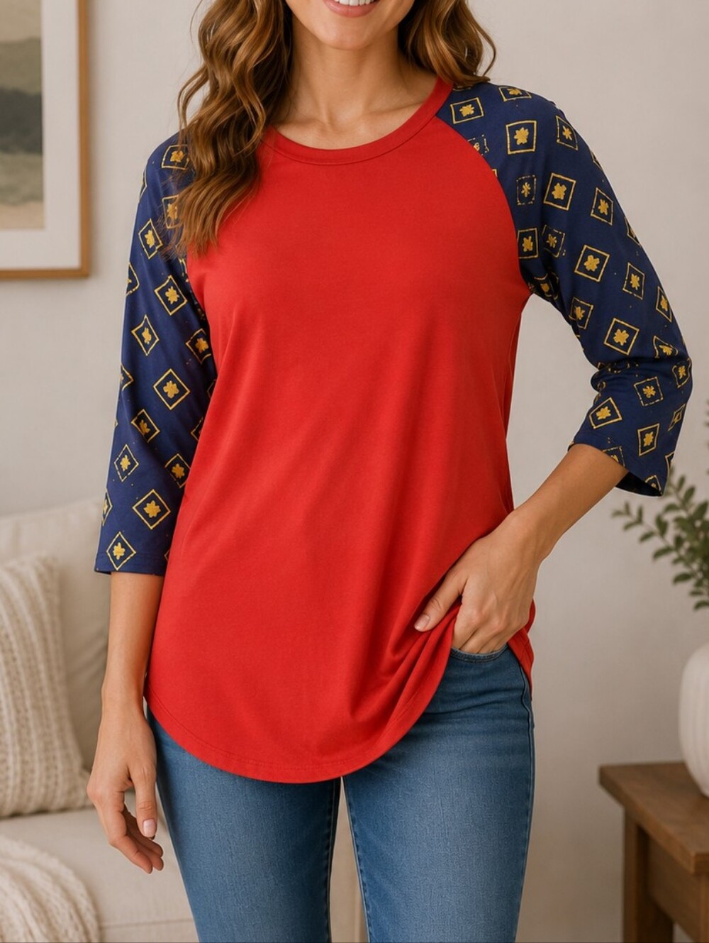 LULAROE Randy Women's XS Red 3/4 Sleeve Raglan Tee
